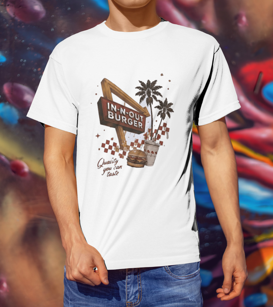 IN N OUT Burger Quality You Can Taste Sign With Palm Trees And Checkered T-Shirt