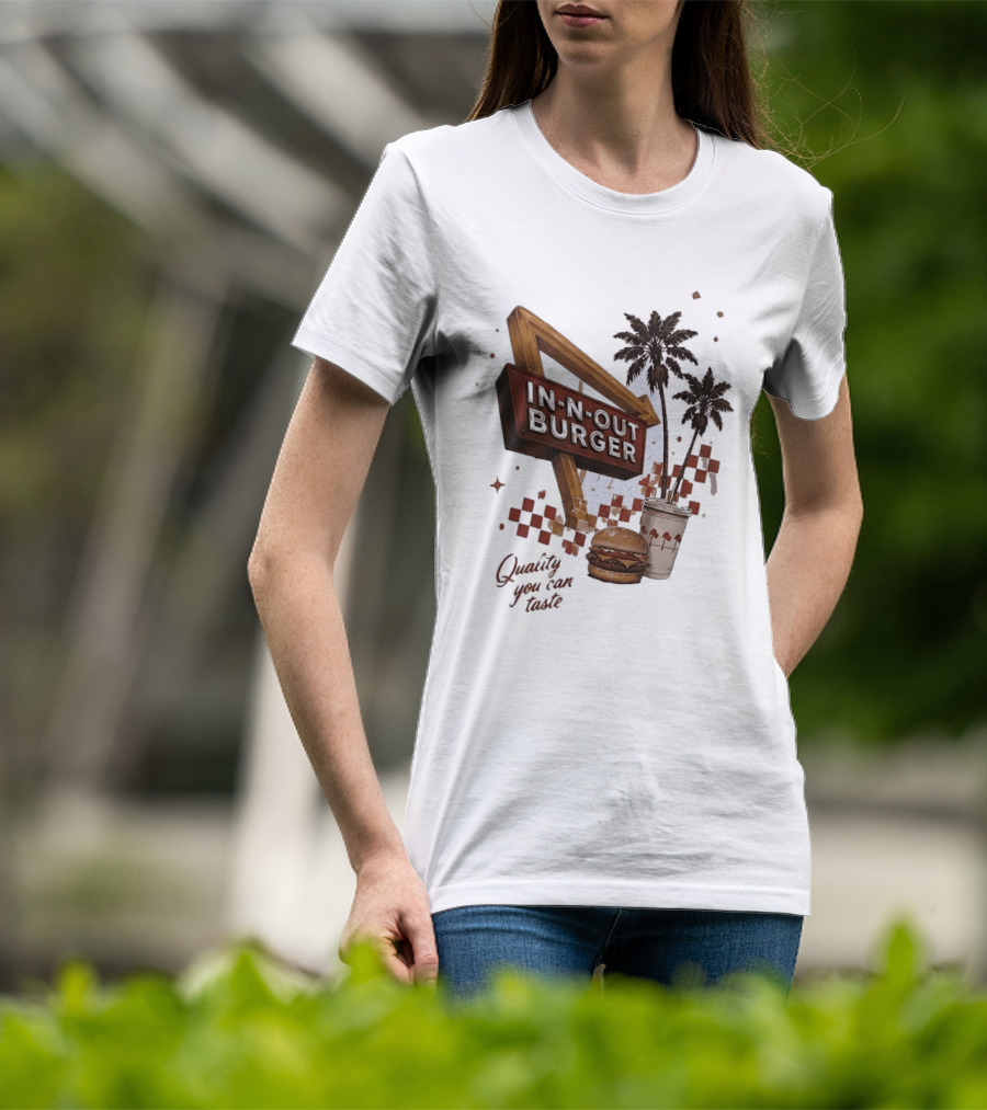IN N OUT Burger Quality You Can Taste Sign With Palm Trees And Checkered T-Shirt