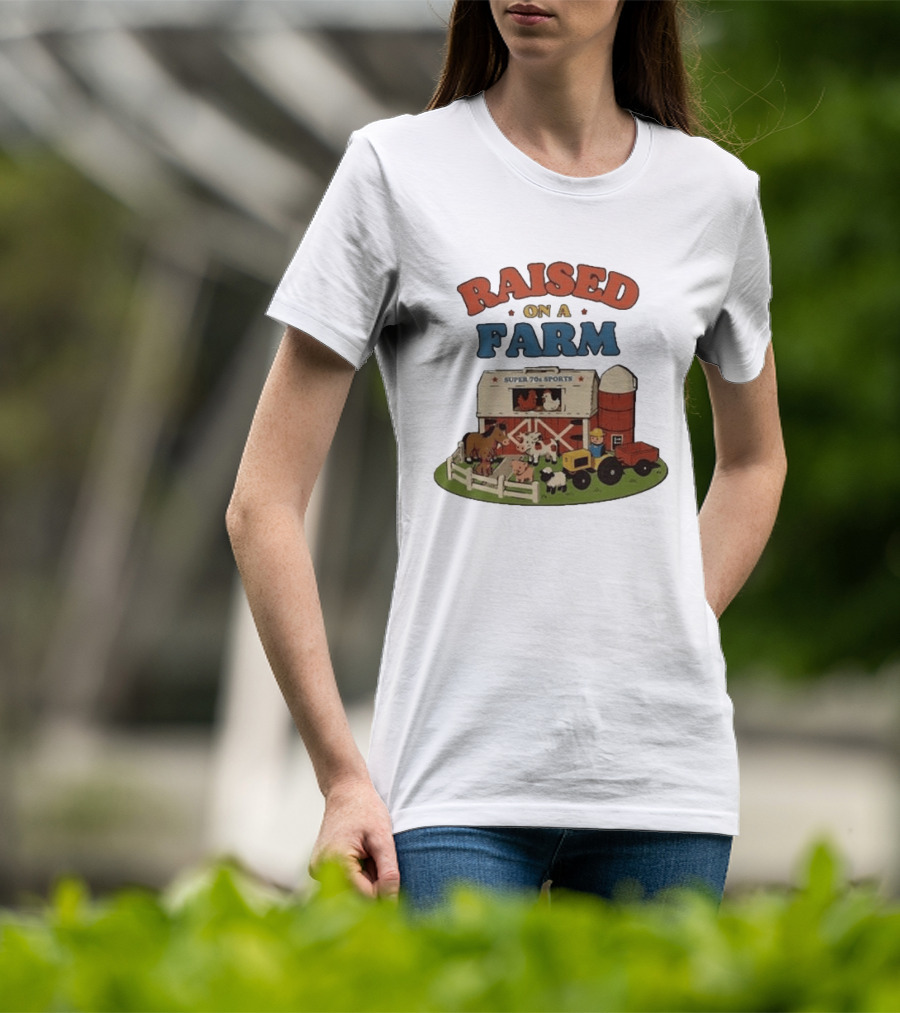 Raised On A Farm Super 70s Sports Vintage Barnyard Scene With Tractor And Animals T-Shirt