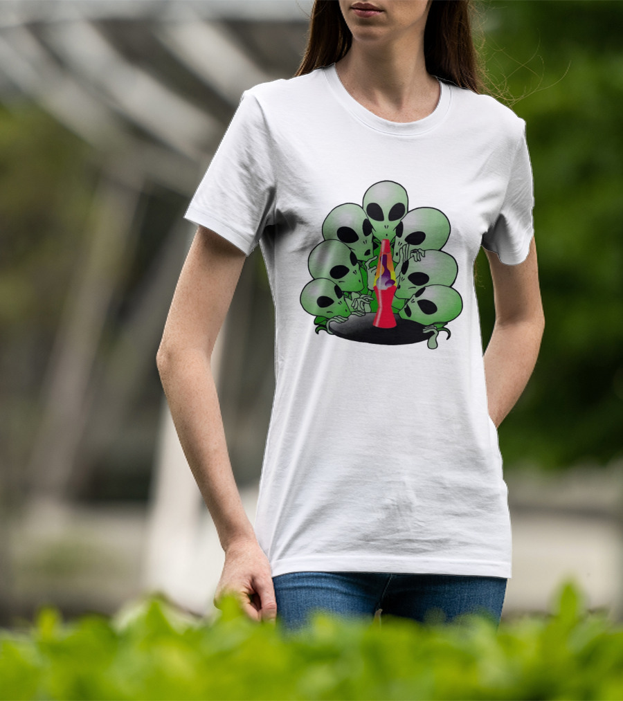 Aliens Gathering Around Colorful Lava Lamp T-Shirt