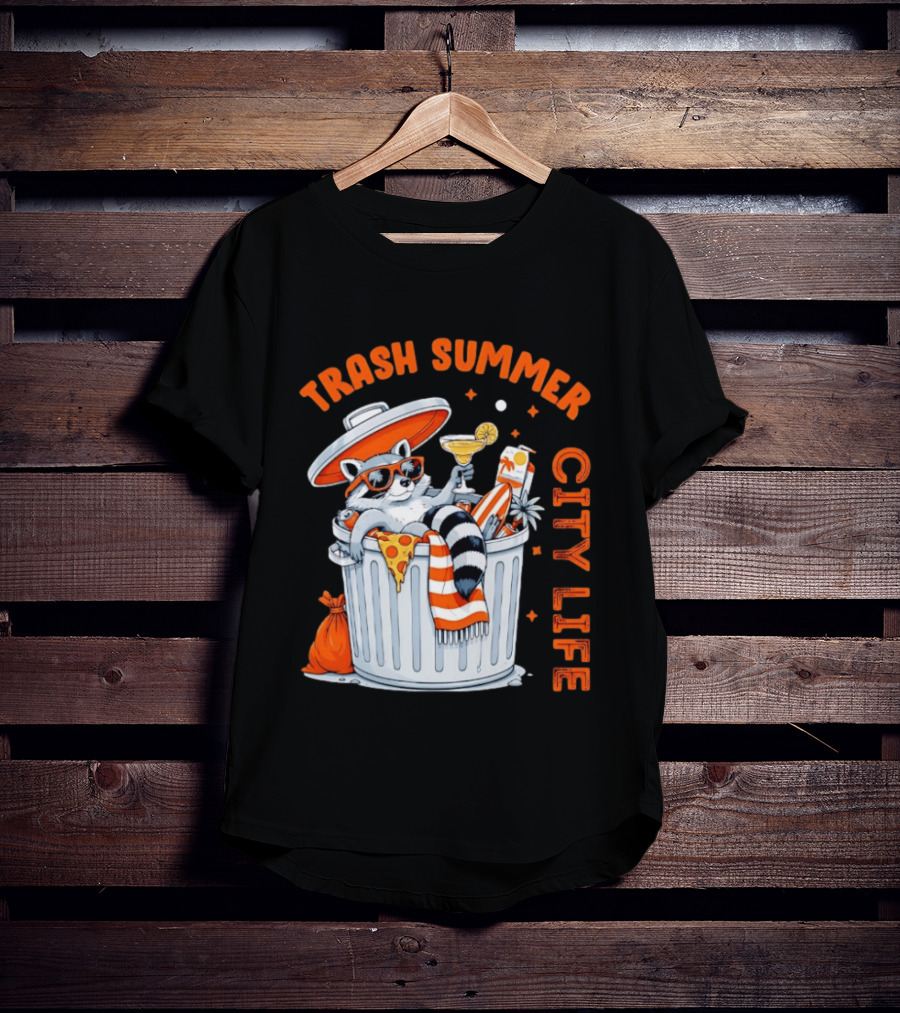 Trash Summer City Life Raccoon Enjoying Urban Vibes With Pizza And Martini T-Shirt