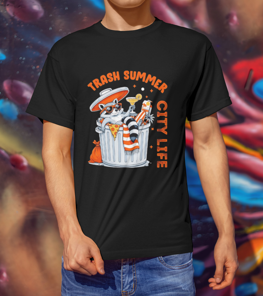 Trash Summer City Life Raccoon Enjoying Urban Vibes With Pizza And Martini T-Shirt