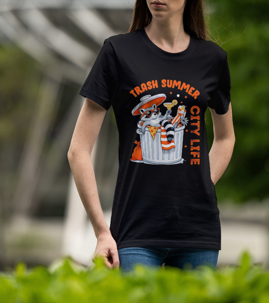 Trash Summer City Life Raccoon Enjoying Urban Vibes With Pizza And Martini T-Shirt