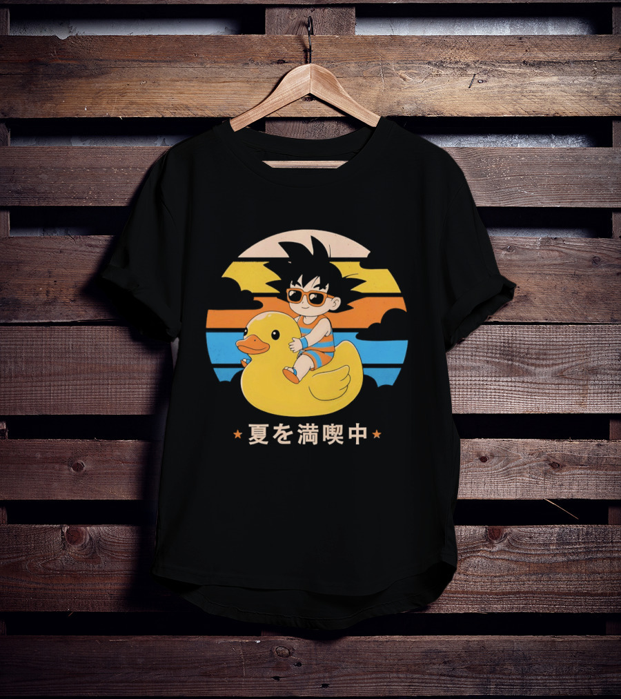Young Goku Riding Rubber Duck At Sunset Enjoying Summer T-Shirt