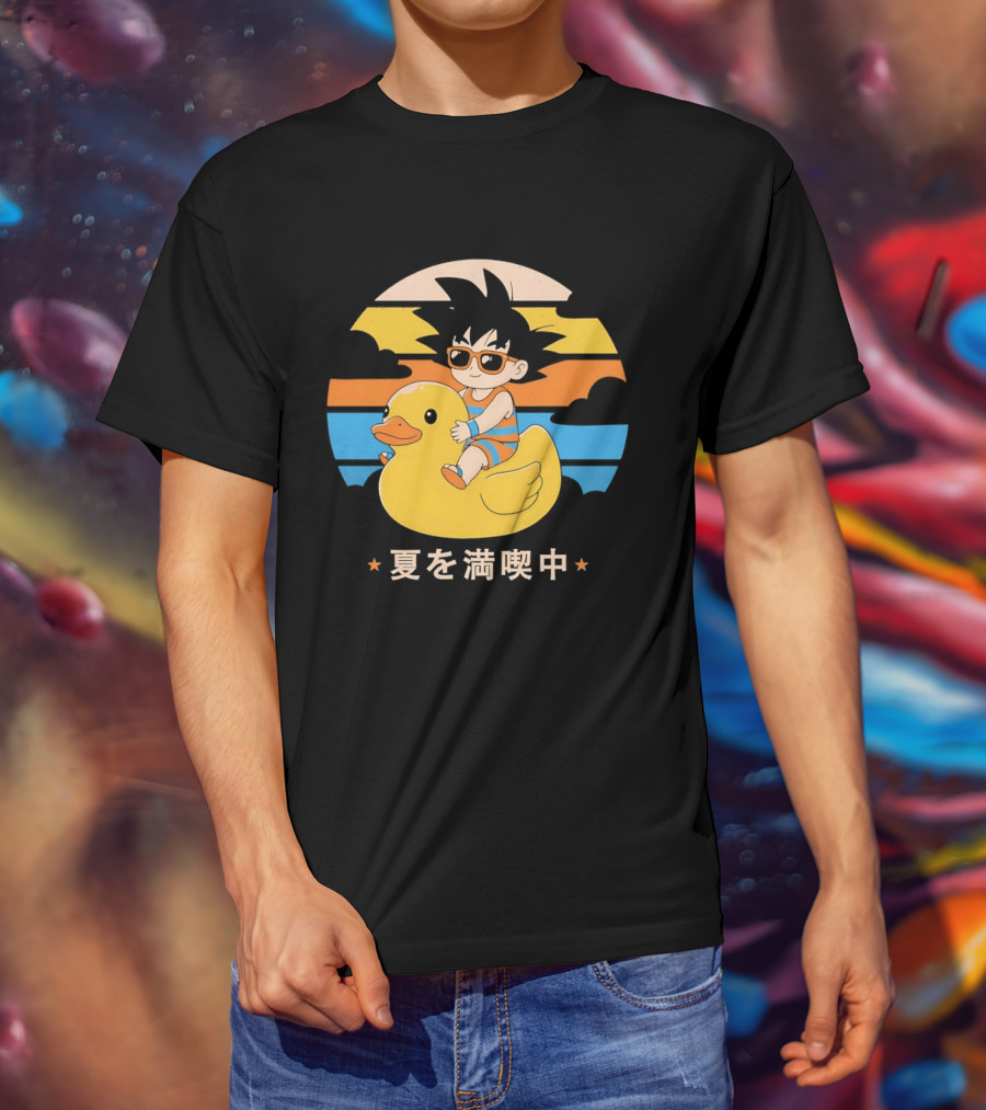 Young Goku Riding Rubber Duck At Sunset Enjoying Summer T-Shirt