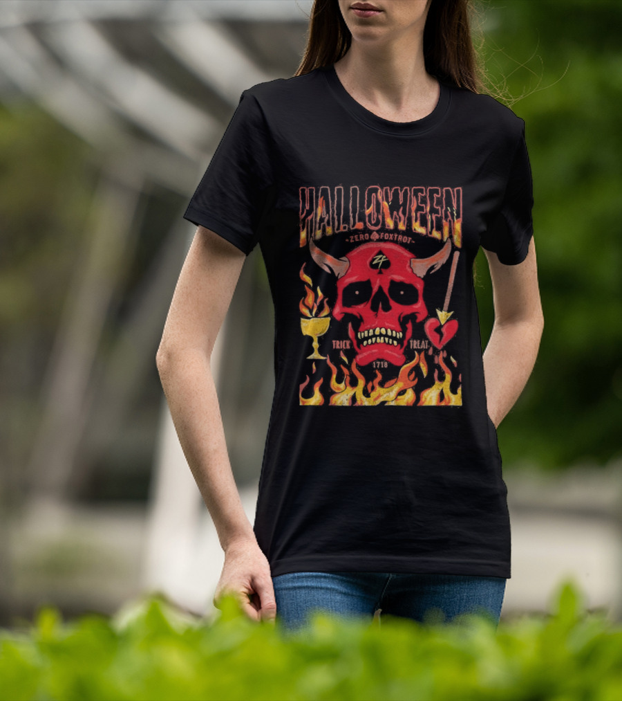 Zero Foxtrot Halloween No Quarter Flaming Demon Skull T-Shirt