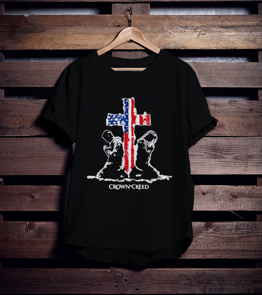 Crown And Creed American Flag Cross Religious Faith Prayer Patriotic Christian T-Shirt