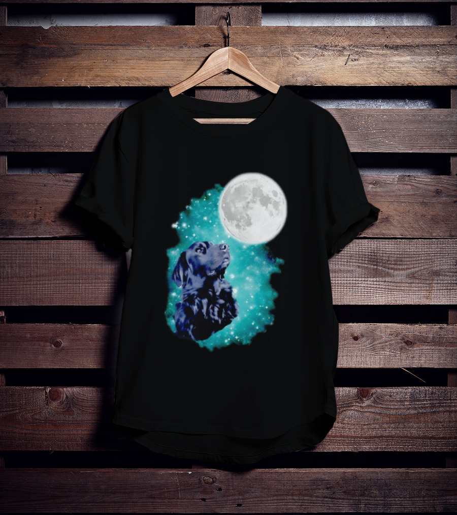 Black Dog Under Moon In Galaxy Space T-Shirt