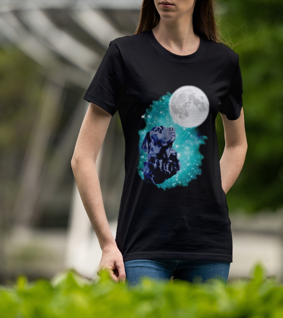 Black Dog Under Moon In Galaxy Space T-Shirt