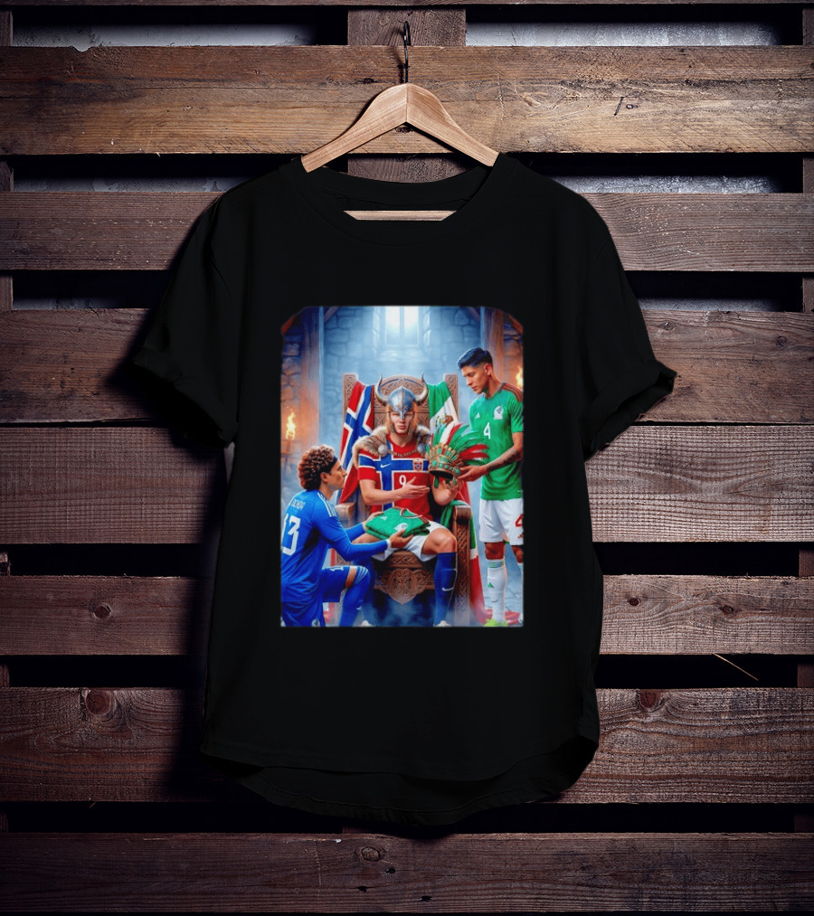 Guillermo Ochoa And Johan Vasquez Offering Mexico Jersey To Viking Erling Haaland With Norway Flag In Throne Room T-Shirt