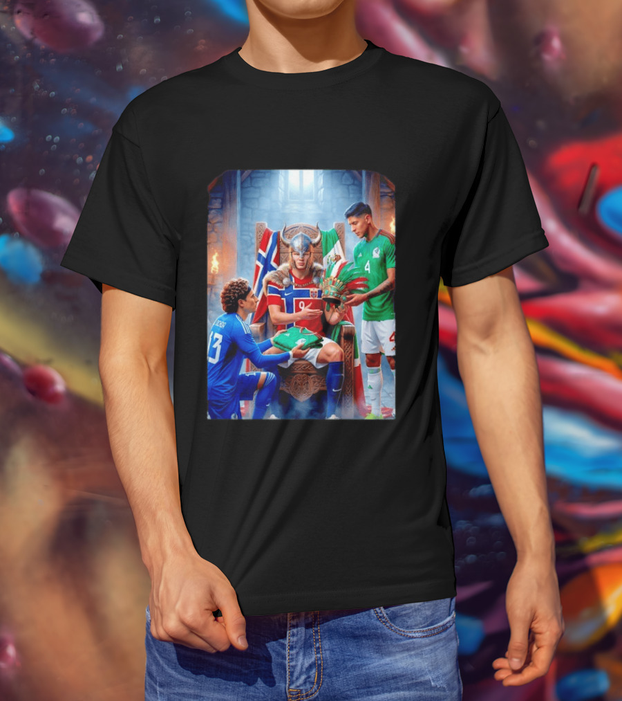 Guillermo Ochoa And Johan Vasquez Offering Mexico Jersey To Viking Erling Haaland With Norway Flag In Throne Room T-Shirt