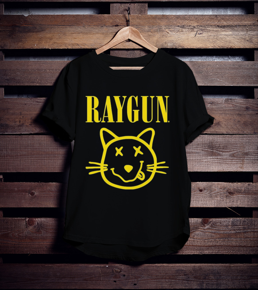 Raygun Smiley Cat Face Neon Yellow Quirky Expression T-Shirt