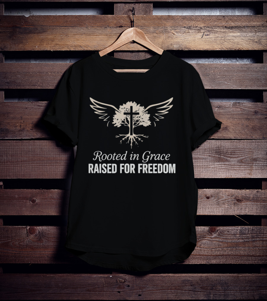 Rooted In Grace Raised For Freedom Cross Tree Wings Christian Faith T-Shirt