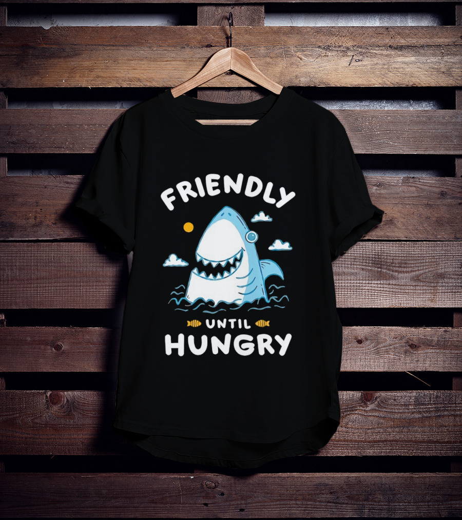 Friendly Shark Grinning Until Hungry Cloudy Ocean Scene T-Shirt