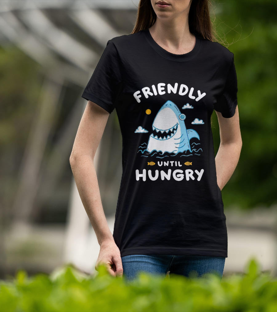 Friendly Shark Grinning Until Hungry Cloudy Ocean Scene T-Shirt
