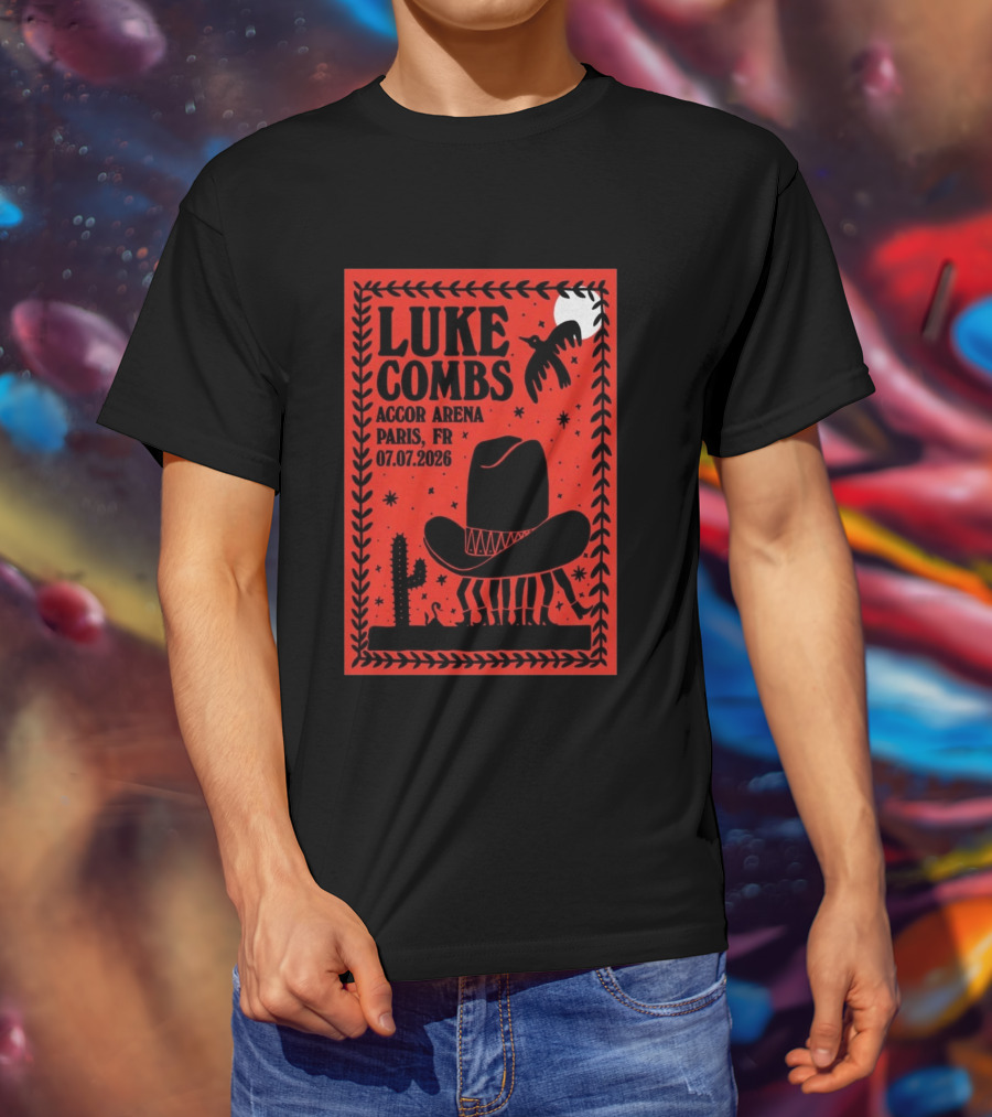 Luke Combs Accor Arena Paris FR 07.07.2026 Cowboy Hat Cactus Moon Desert Scene T-Shirt