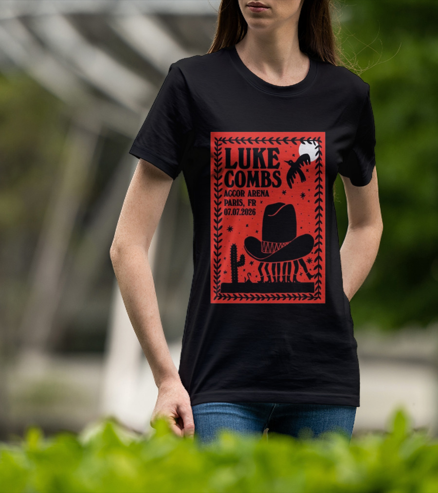 Luke Combs Accor Arena Paris FR 07.07.2026 Cowboy Hat Cactus Moon Desert Scene T-Shirt