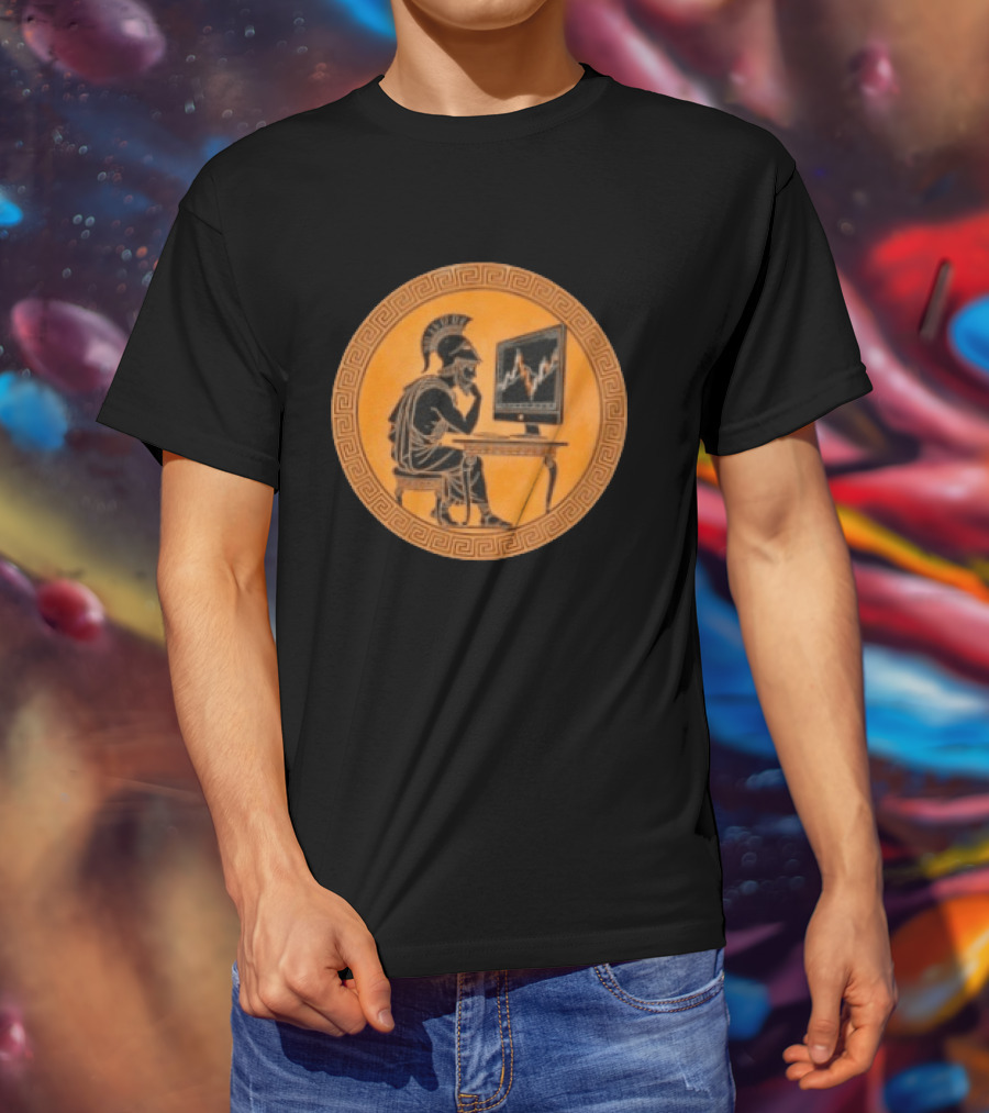 Greek Warrior Analyzing Stock Charts With Ancient Trader Flair T-Shirt