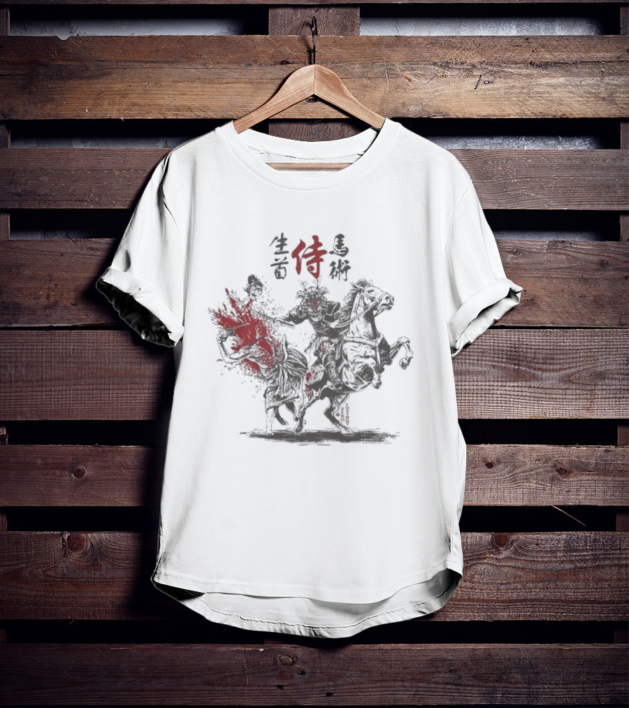 Zero Foxtrot Namakubi Bajutsu Samurai Riding Warrior With Red Kanji T-Shirt