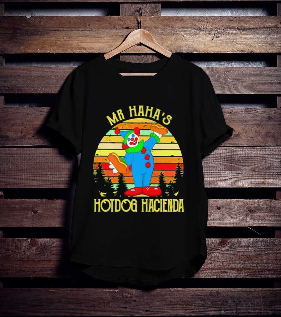 Mr Haha's Hotdog Hacienda Clown In Colorful Costume With Hot Dog T-Shirt