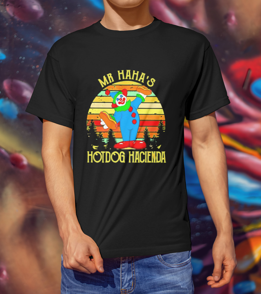 Mr Haha's Hotdog Hacienda Clown In Colorful Costume With Hot Dog T-Shirt