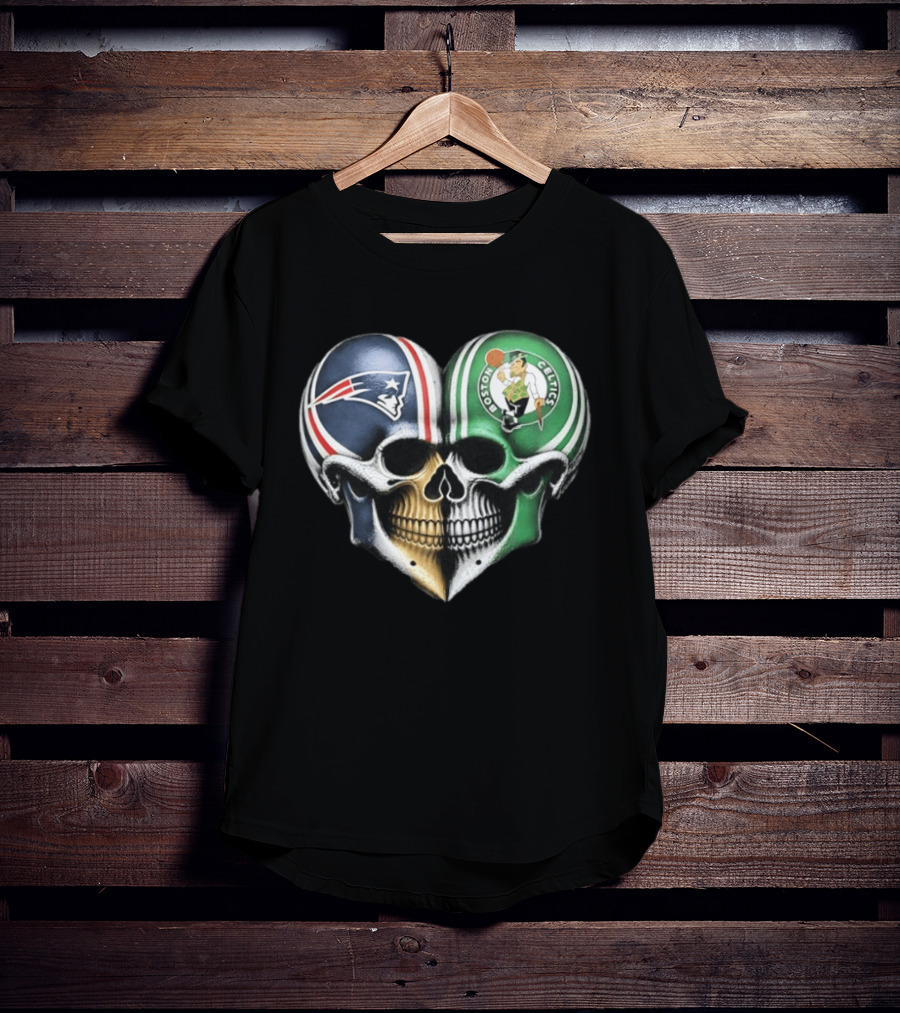Boston Celtics And New England Patriots Skull Heart T-Shirt