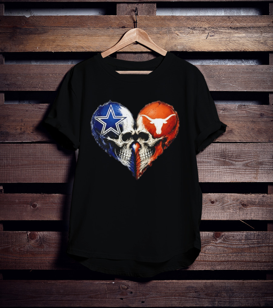 Dallas Cowboys And Texas Longhorns Skulls Heart T-Shirt