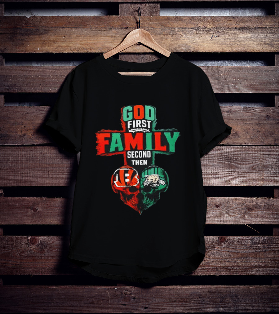 God First Family Second Then Cincinnati Bengals And Ohio Bobcats Skull Heart T-Shirt