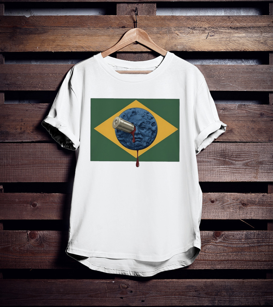 Brazil Flag Moon Face With Bullet And Bleeding Effect T-Shirt