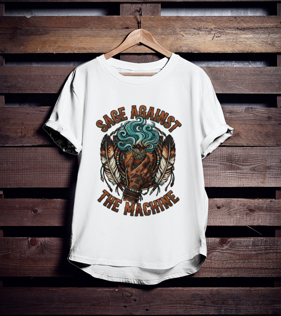 Sage Against The Machine Hand Holding Smudging Sticks With Feathers And Beadwork T-Shirt