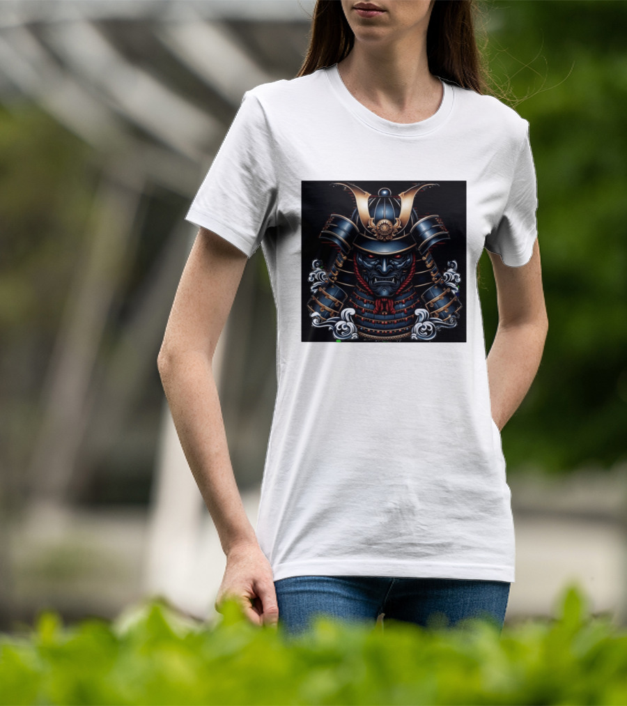 Samurai Warrior Mask Helmet With Traditional Armor And Red Accents T-Shirt
