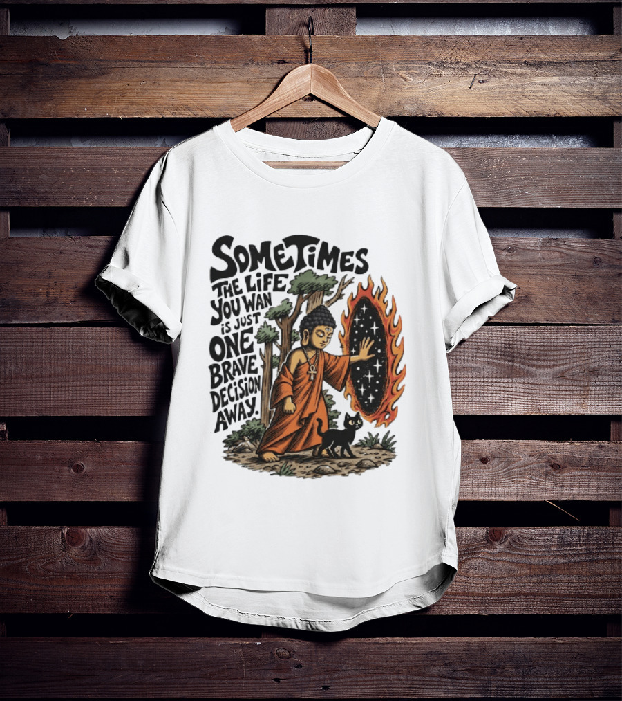 Sometimes The Life You Want Is Just One Brave Decision Away Buddha Cat Portal Forest T-Shirt