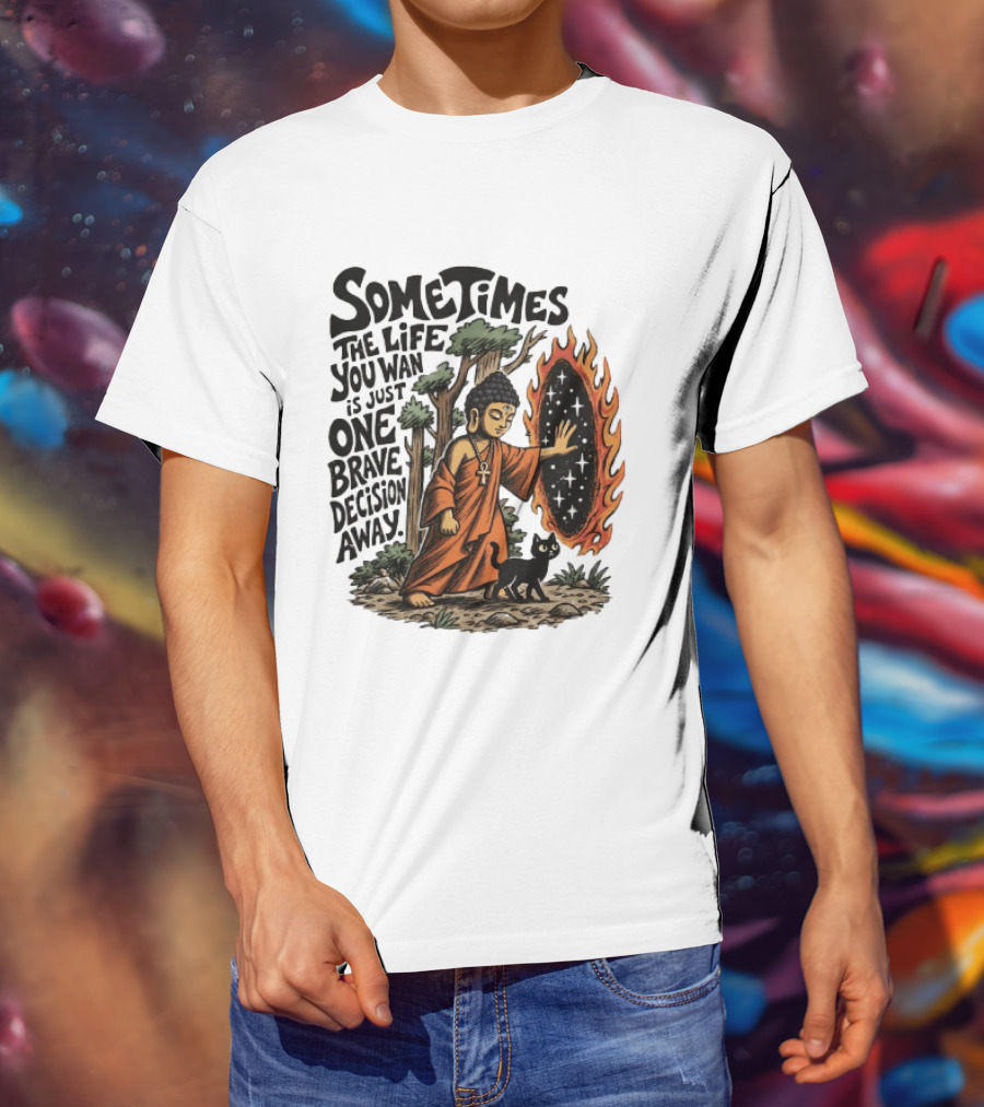 Sometimes The Life You Want Is Just One Brave Decision Away Buddha Cat Portal Forest T-Shirt
