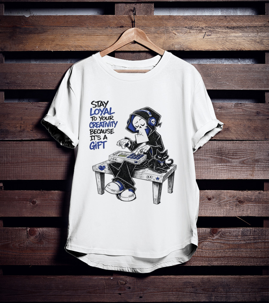 Stay Loyal To Your Creativity Grim Reaper Music Producer With Cat T-Shirt