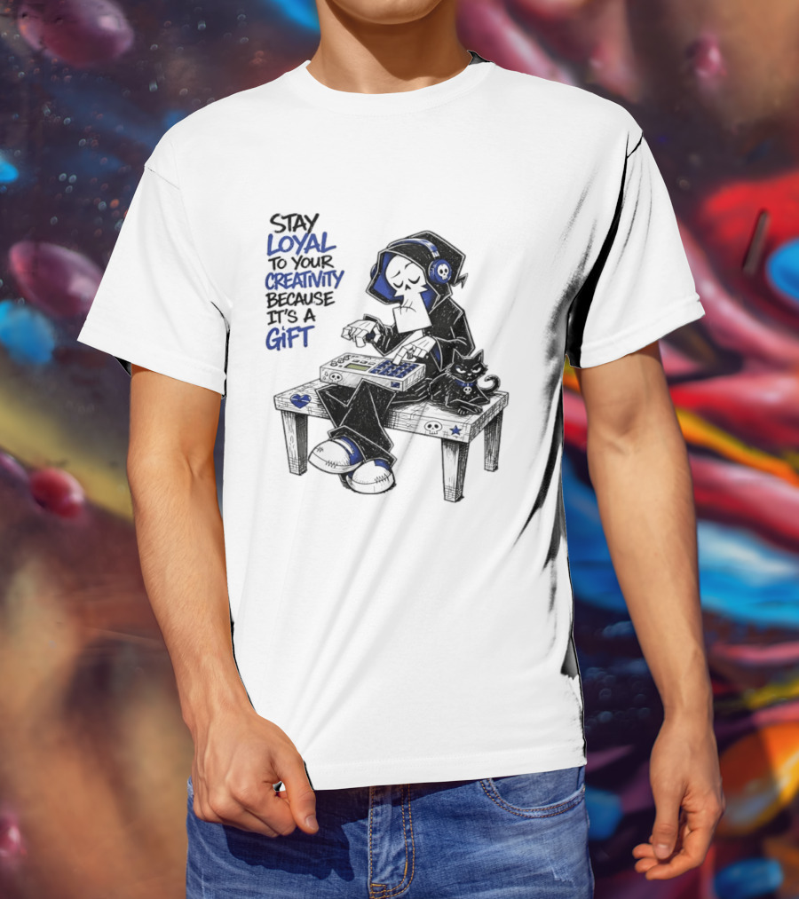 Stay Loyal To Your Creativity Grim Reaper Music Producer With Cat T-Shirt