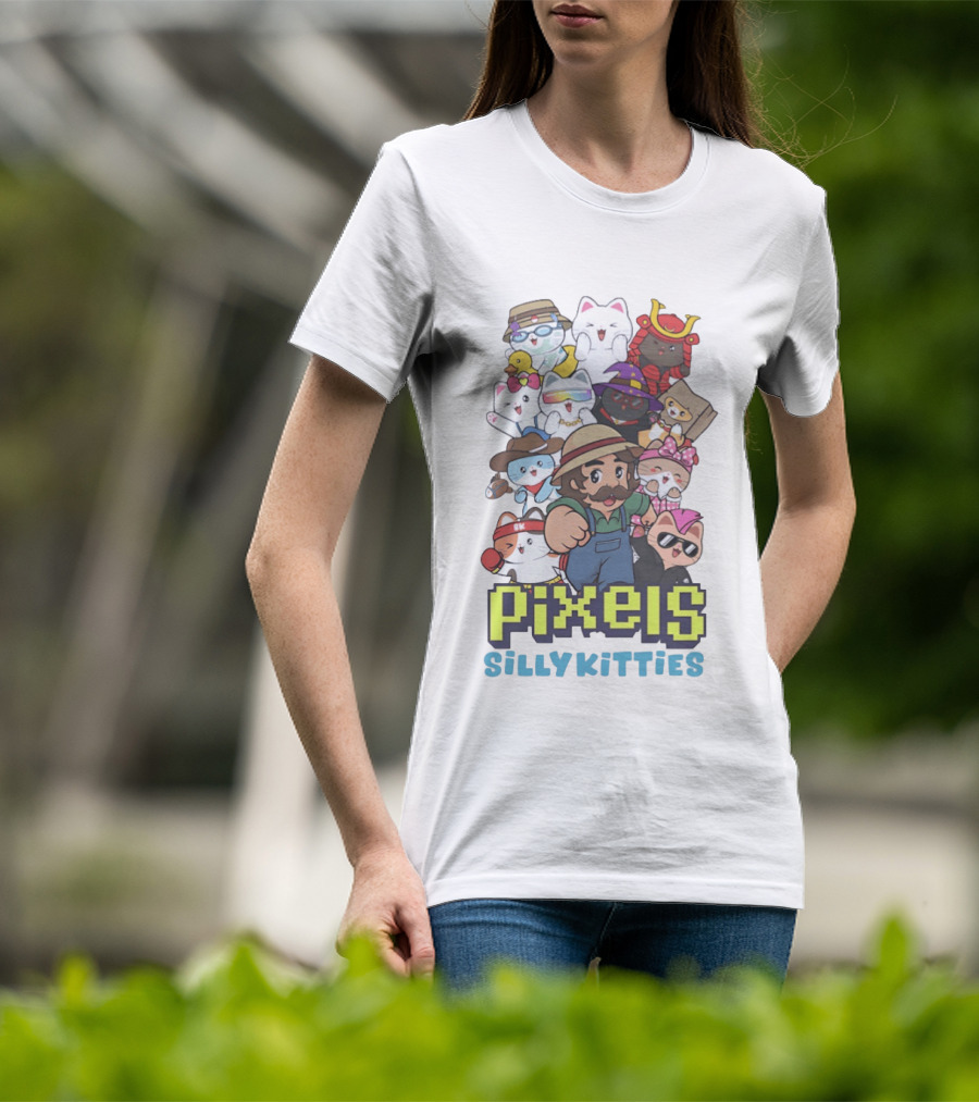 Pixels Silly Kitties Character Collage With Mustached Figure And Cute Cat Ensemble T-Shirt