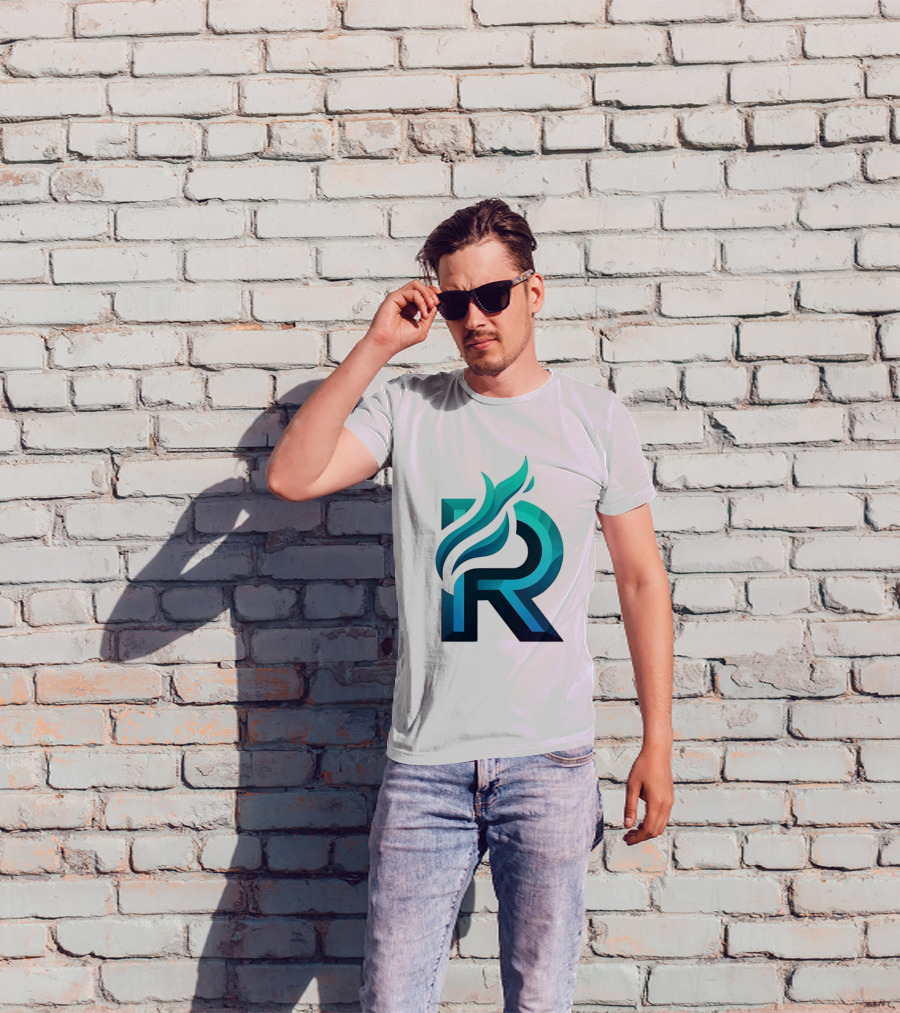 R Flame Letter Blue Green Gradient T-Shirt