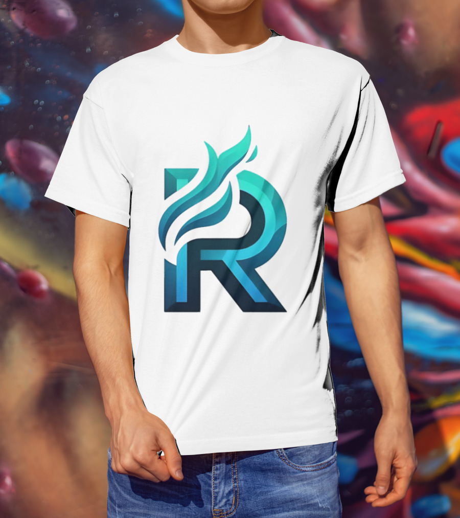 R Flame Letter Blue Green Gradient T-Shirt