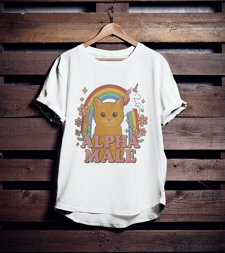 Alpha Male Cat With Unicorn Rainbow And Flowers T-Shirt