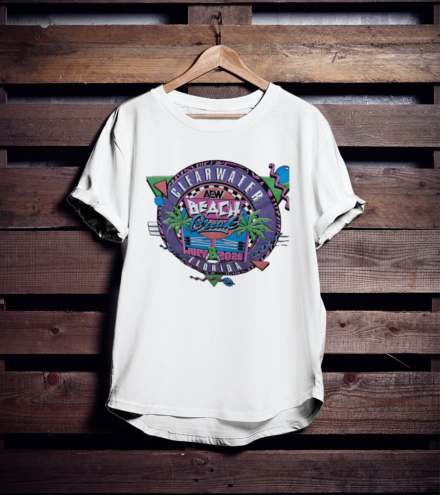AEW Beach Break Clearwater Florida July 8 2026 Wrestling Event Tropical Palm Trees And Retro Waves T-Shirt