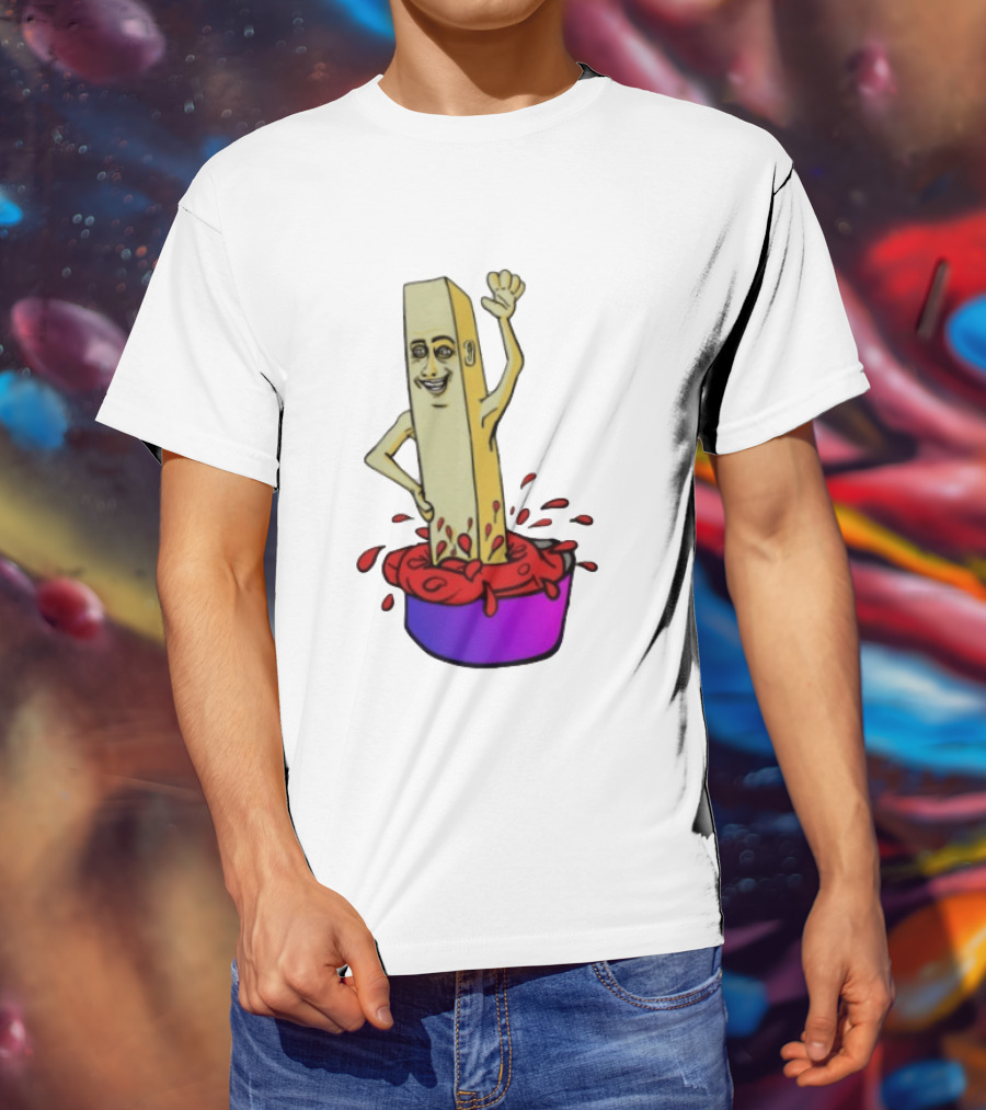 French Fry With Face Humorously Dipping In Ketchup Bowl T-Shirt