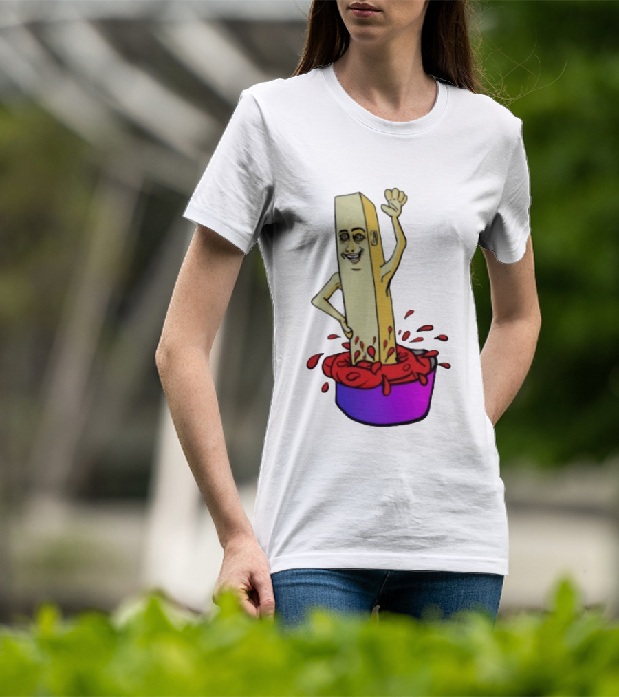 French Fry With Face Humorously Dipping In Ketchup Bowl T-Shirt