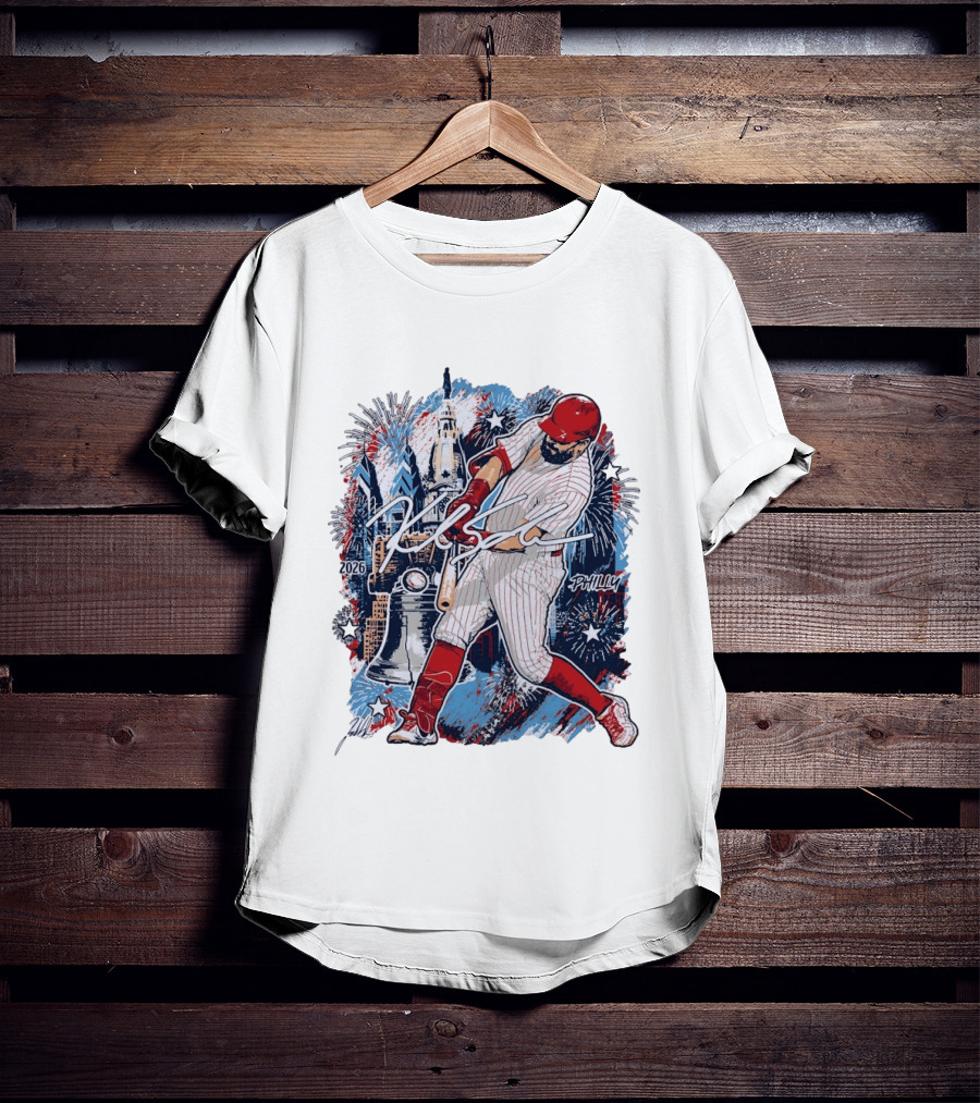 Kyle Schwarber Philly 2026 Swinging Bat Fireworks Liberty Bell T-Shirt