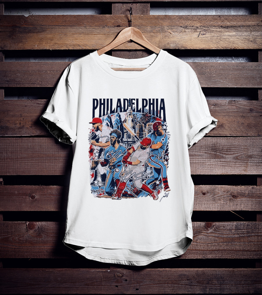 Philadelphia Phillies Stars Skyline 2026 Philly Batter Montage T-Shirt