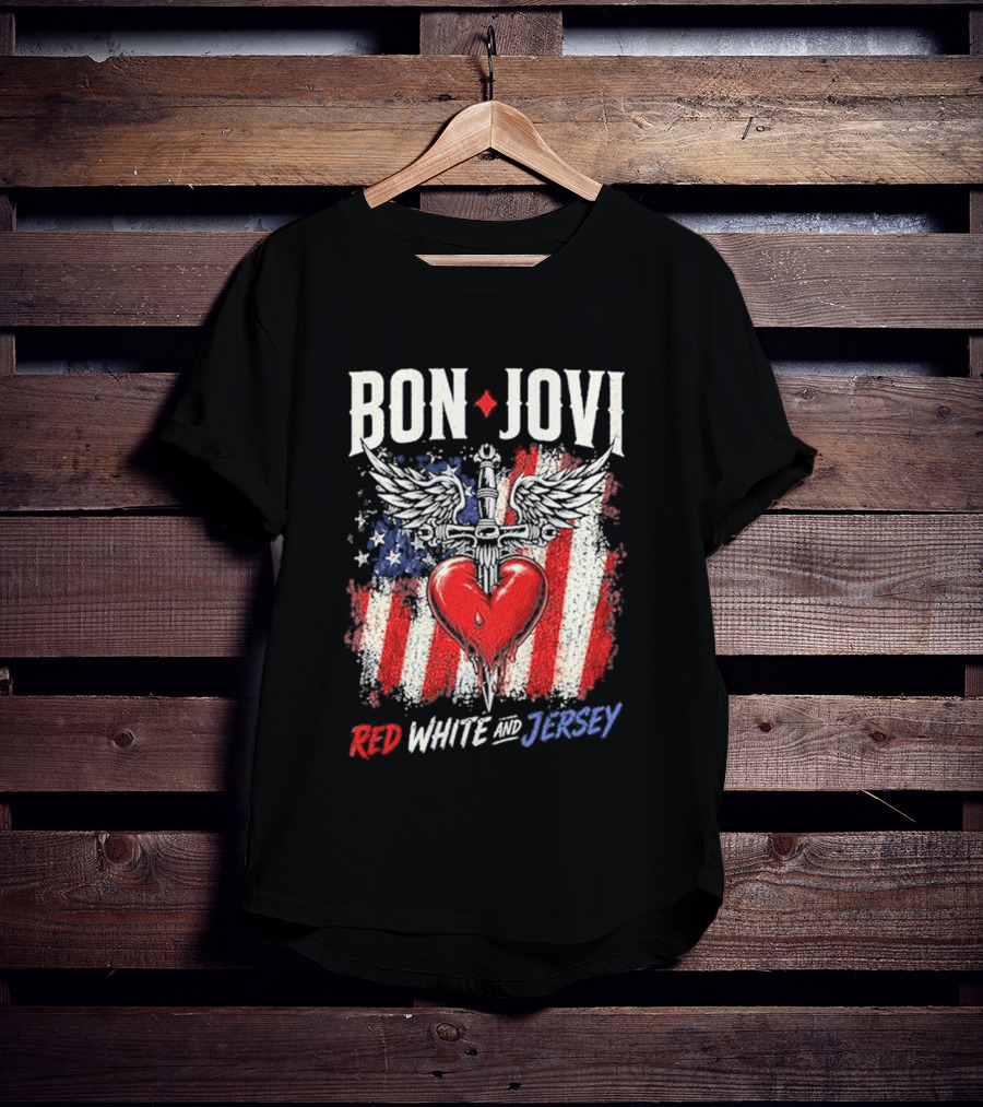 Bon Jovi Red White Jersey Heart And Dagger American Flag T-Shirt