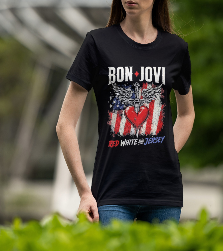 Bon Jovi Red White Jersey Heart And Dagger American Flag T-Shirt
