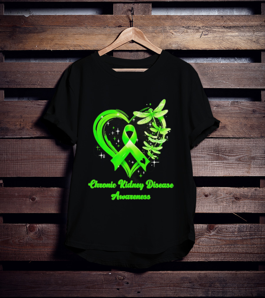 Chronic Kidney Disease Awareness Green Ribbon Heart And Dragonfly T-Shirt