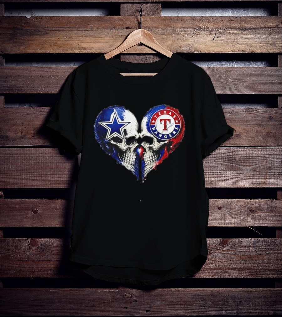 Dallas Cowboys Star And Texas Rangers Skull Heart T-Shirt