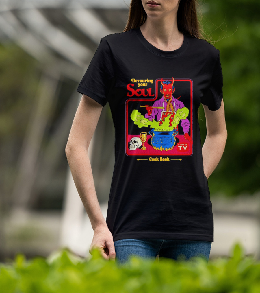 Devouring Your Soul Cook Book Steven Rhodes Retro Devil Cooking As Seen On TV Horror T-Shirt