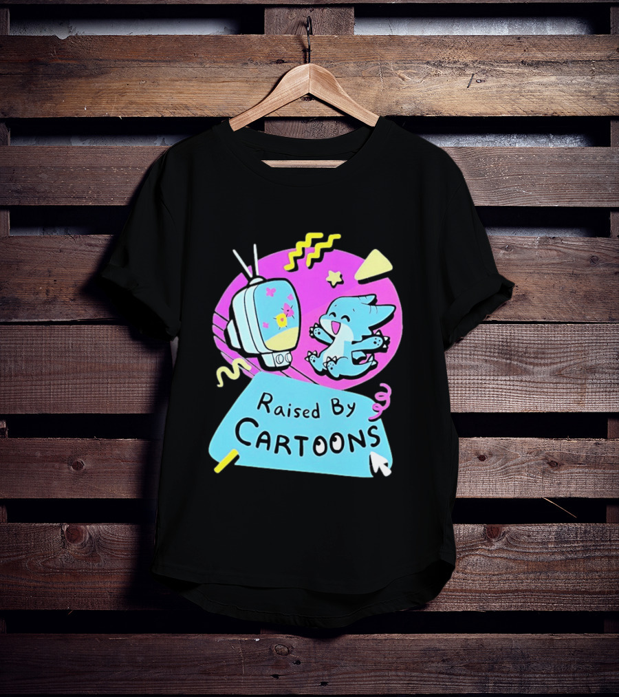 Raised By Cartoons Nostalgia 90s Kid Cartoon Lover Retro TV And Playful Puppy Scene T-Shirt